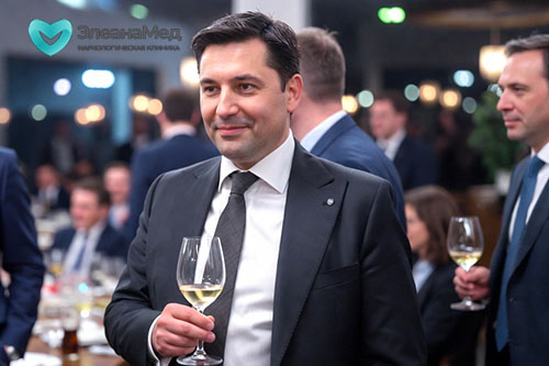 Мужчина 35-40 лет в деловом костюме с бокалом вина на корпоративе в ресторане среди коллег