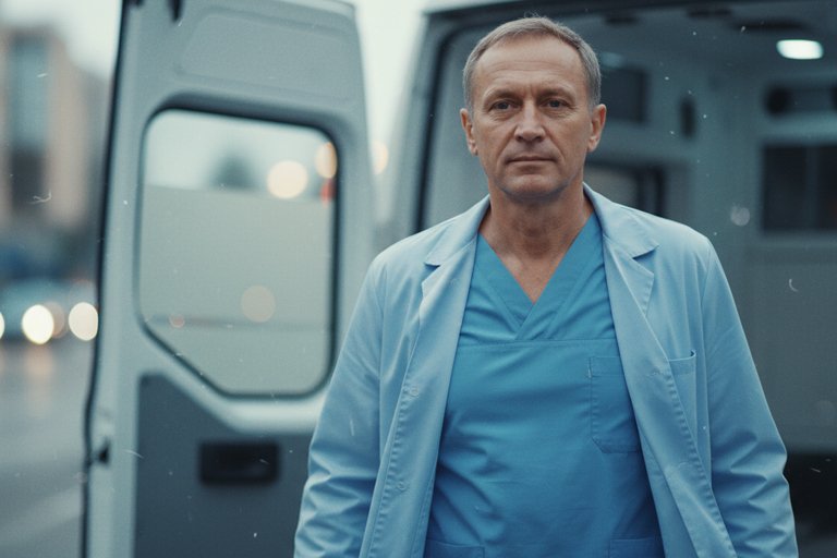 Экстренная помощь Врач выходит из машины скорой помощи