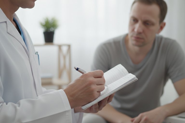 Помощь на дому Врач записывает симптомы пациента у него дома