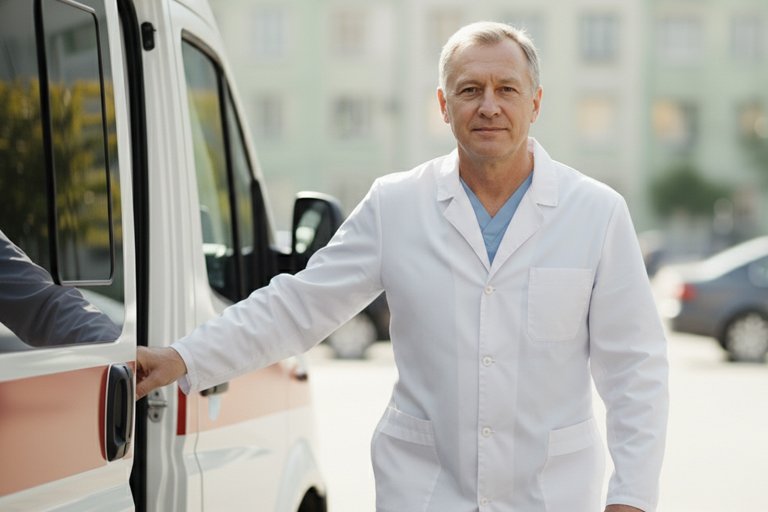 Врач выходит из машины скорой помощи